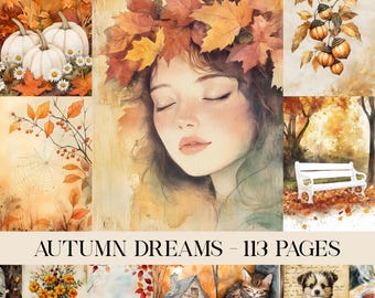 Kit de diario basura "Sueños de otoño", páginas imprimibles de acuarela otoñal, papel para scrapbooking otoñal, hoja de collage otoñal, efímera vintage otoñal