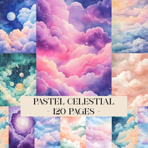 May include: A collection of digital art prints featuring pastel celestial themes. The images showcase dreamy clouds in shades of pink, purple, and blue, with some including moons, planets, and stars. Text on the image reads "PASTEL CELESTIAL - 120 PAGES".