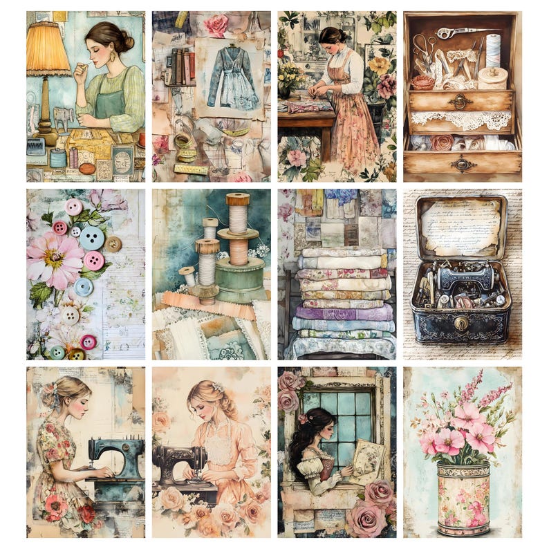 Vintage Sewing Junk Journal Pages, Digital Scrapbook Paper Kit ...