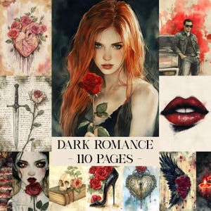 Może przedstawiać: Kolaż ilustracji akwarelowych o tematyce mrocznego romansu. Obrazy obejmują kobietę z rudymi włosami trzymającą różę, serce z różami, czaszkę i but na wysokim obcasie. Wyświetlany jest tekst "DARK ROMANCE - 110 PAGES".