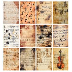 May include: A collection of twelve vintage-style paper sheets featuring musical notation and musical symbols. The sheets have a distressed, aged appearance with brown and beige tones, some with ink splatters and a violin.