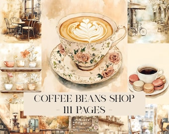 May include: Watercolor collage featuring a teacup with a floral design and a latte with latte art. The image includes scenes of a coffee shop, a bicycle, and macarons. Text on the image reads "COFFEE BEANS SHOP - 111 PAGES".
