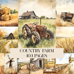 Puede incluir: Ilustraciones en acuarela de una escena de granja. La imagen presenta un tractor oxidado en un campo, un granero, balas de heno y un molino de viento. El texto "COUNTRY FARM - 103 PAGES -" se muestra en la parte inferior.
