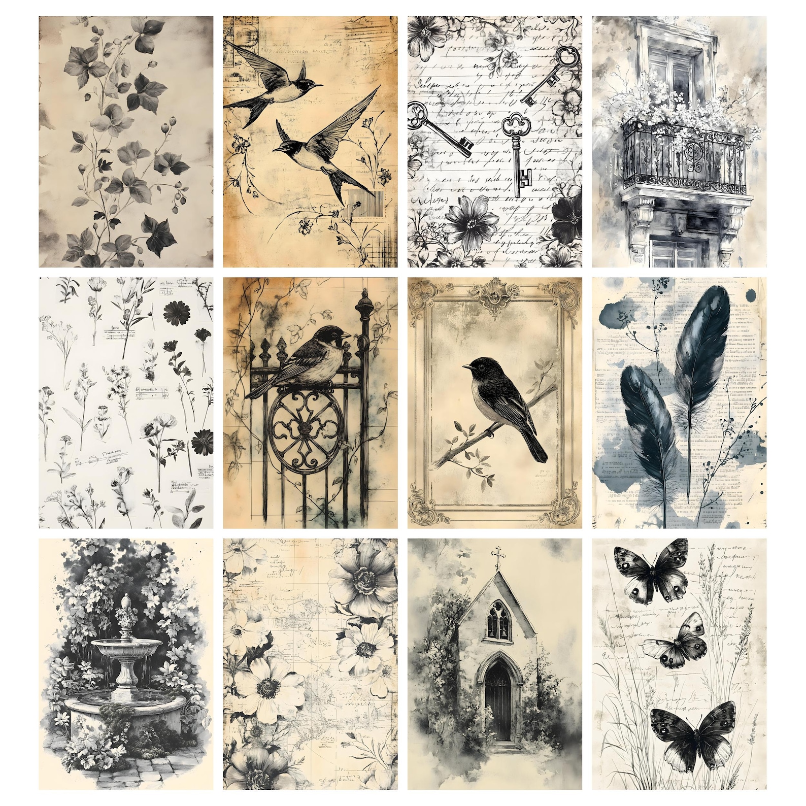 Black White Paper, Ink Saver Printable Stamp Pages, Grunge Botanical ...