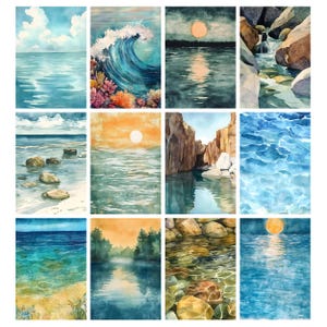 Op de afbeelding: Een verzameling aquarel schilderijen die verschillende serene water sc&egrave;nes uitbeelden. Het kunstwerk omvat oceaangolven, zonsondergangen boven water, een stromende beek en een kalm meer. Het kleurenpalet bevat blauw, groen en oranje.