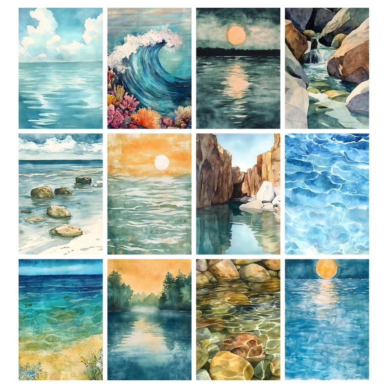 Op de afbeelding: Een verzameling aquarel schilderijen die verschillende serene water sc&egrave;nes uitbeelden. Het kunstwerk omvat oceaangolven, zonsondergangen boven water, een stromende beek en een kalm meer. Het kleurenpalet bevat blauw, groen en oranje.