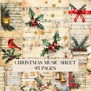 Op de afbeelding: Een collage van vintage kerstmuziekpagina's. Het ontwerp bevat hulst met rode bessen, gouden sterren, een rode kardinaal, een lantaarn en de tekst "CHRISTMAS MUSIC SHEET - 95 PAGES".
