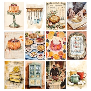 Pode incluir: Uma cole&ccedil;&atilde;o de ilustra&ccedil;&otilde;es em aquarela com v&aacute;rias sobremesas e artigos de cozinha. As imagens incluem um bolo em camadas com uma fatia de lim&atilde;o, uma sobremesa de gelatina, tortas e utens&iacute;lios de cozinha pendurados em uma prateleira.
