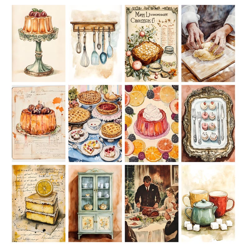 Pode incluir: Uma cole&ccedil;&atilde;o de ilustra&ccedil;&otilde;es em aquarela com v&aacute;rias sobremesas e artigos de cozinha. As imagens incluem um bolo em camadas com uma fatia de lim&atilde;o, uma sobremesa de gelatina, tortas e utens&iacute;lios de cozinha pendurados em uma prateleira.