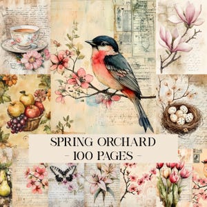 Op de afbeelding: Een collage van illustraties in vintage stijl met een vogel op een bloeiende tak, een kopje thee, fruit en bloemelementen. De tekst "SPRING ORCHARD - 100 PAGES" wordt weergegeven. Het kleurenpalet omvat zachte roze, groene en beige tinten.
