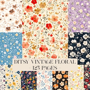 Könnte beinhalten: Eine Sammlung von Vintage-Blumenmustern in verschiedenen Farben, darunter Rot, Orange, Blau und Lila. Das Bild zeigt mehrere florale Designs mit dem Text "Ditsy Vintage Floral - 125 Pages".