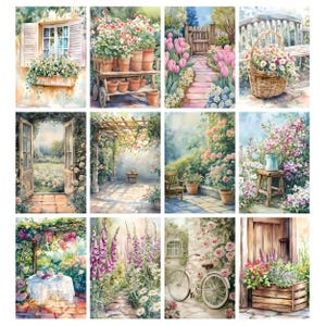 May include: A collection of watercolor paintings depicting serene garden scenes. Each painting showcases vibrant flowers, architectural elements like windows and doors, and garden accessories such as a wheelbarrow and bicycle.