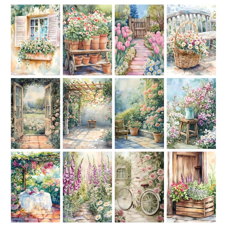 May include: A collection of watercolor paintings depicting serene garden scenes. Each painting showcases vibrant flowers, architectural elements like windows and doors, and garden accessories such as a wheelbarrow and bicycle.