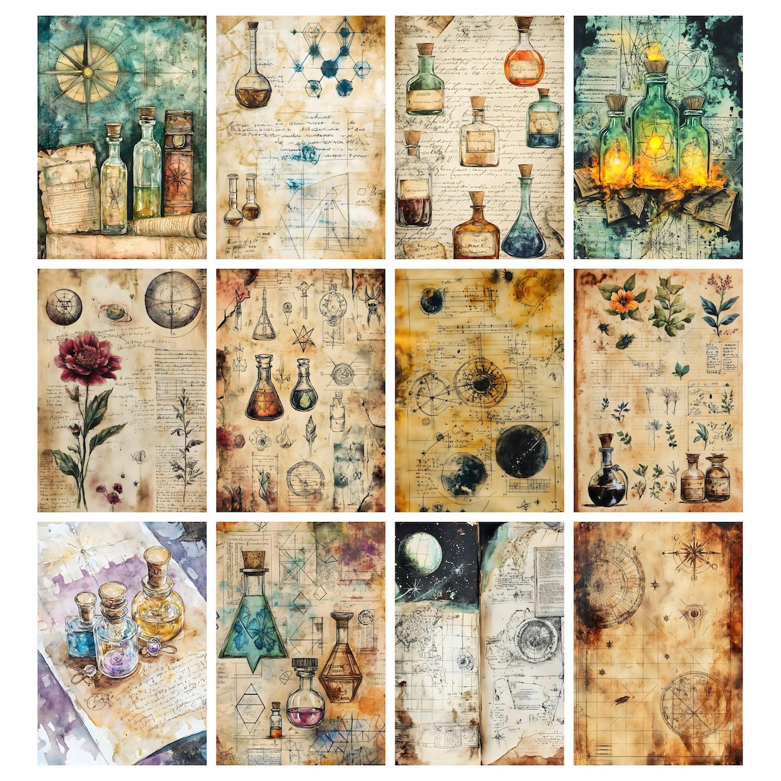 Alchemy Backgrounds, Mystic Junk Journal Pages, Digital Scrapbook Paper ...