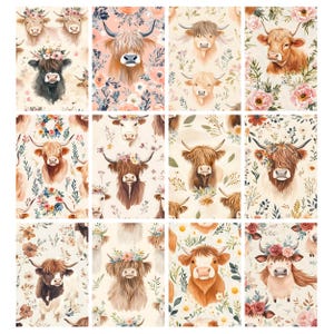 May include: A collection of watercolor illustrations featuring Highland cows with floral accents. The images showcase various cow portraits with flower crowns and surrounded by floral patterns in soft, pastel colors. The overall theme is rustic and charming.