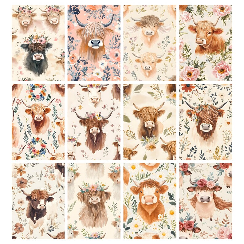 May include: A collection of watercolor illustrations featuring Highland cows with floral accents. The images showcase various cow portraits with flower crowns and surrounded by floral patterns in soft, pastel colors. The overall theme is rustic and charming.