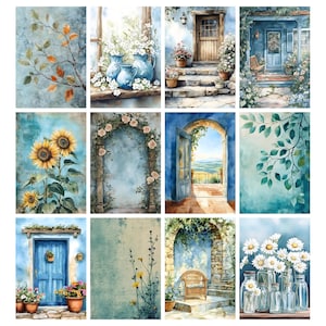 May include: A collection of watercolor paintings featuring various scenes. The images include sunflowers, blue vases with white flowers, a blue door, and a stone archway with roses. The color palette is dominated by blues, greens, and yellows.