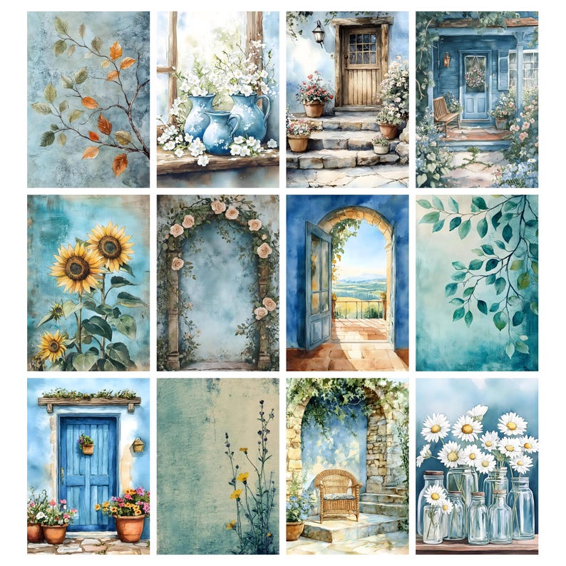 May include: A collection of watercolor paintings featuring various scenes. The images include sunflowers, blue vases with white flowers, a blue door, and a stone archway with roses. The color palette is dominated by blues, greens, and yellows.