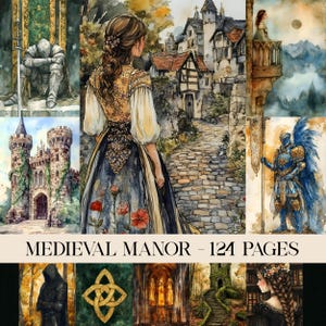 Könnte beinhalten: Aquarellillustration mit mittelalterlichem Thema. Das Bild zeigt eine Frau in einem detaillierten Kleid, Burgen, Ritter und einen Kopfsteinpflasterweg. Der Text "MEDIEVAL MANOR - 124 PAGES" befindet sich unten.