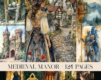 May include: A watercolour illustration with a medieval theme. The image shows a woman in a detailed dress, castles, knights, and a cobbled path. The text "MEDIEVAL MANOR - 124 PAGES" is at the bottom.