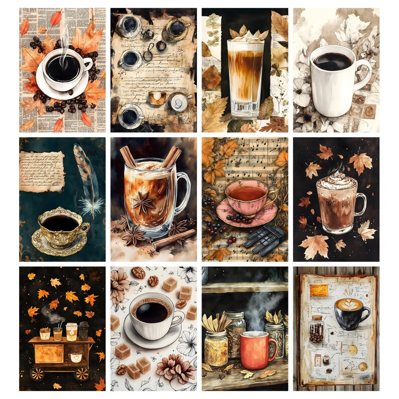 May include: A collection of watercolor illustrations featuring various coffee and tea beverages. Each image showcases a different presentation, including lattes, cappuccinos, and teas, with autumn leaves and spices. The artwork evokes a cozy, seasonal theme.
