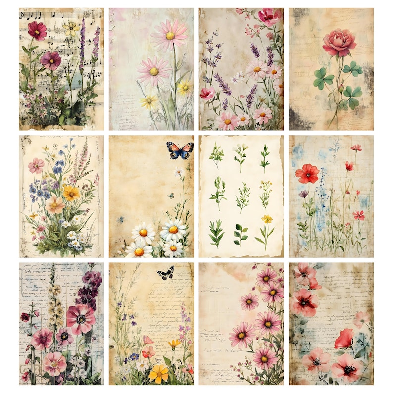 May include: A collection of twelve vintage-style floral art prints. Each print features watercolor illustrations of various flowers, including daisies, roses, and lavender, set against a backdrop of aged paper with handwritten script and musical notes.