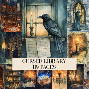 May include: Watercolor illustration of a gothic library scene. A raven perches on a window ledge next to a lit candle and a scroll. The text "CURSED LIBRARY - 119 PAGES" is displayed. Other scenes include a person in a hooded cloak and bookshelves.