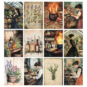 May include: A collection of watercolor illustrations featuring apothecary themes. Images include a woman in a greenhouse, botanical charts, bubbling cauldrons, and various bottles and jars. The color palette is warm, with earthy tones and pops of color.