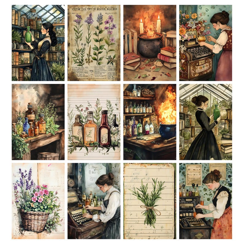 May include: A collection of watercolor illustrations featuring apothecary themes. Images include a woman in a greenhouse, botanical charts, bubbling cauldrons, and various bottles and jars. The color palette is warm, with earthy tones and pops of color.