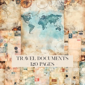 May include: A collection of vintage travel-themed items. The image shows a world map in blue and brown, compasses, and old documents. Text on a cream banner reads "TRAVEL DOCUMENTS - 120 PAGES".