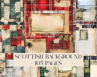 Puede incluir: Un collage de elementos de papel vintage con temática escocesa. El diseño presenta patrones de cuadros rojos y verdes, notas manuscritas y escenas de paisajes pintados. Se muestra el texto "Scottish Background - 105 Pages".