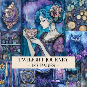 Lila himmelskt digitalt papper, Twilight Journey skräpjournalsidor, förtrollad journal, fantasyjournal, fantasyklippbok, lila efemera