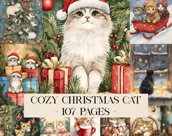 May include: A collage of watercolor illustrations featuring cats in festive Christmas scenes. The central image shows a fluffy cat wearing a Santa hat. Other images include cats with presents, in a sleigh, and by a window. Text reads "Cozy Christmas Cat - 107 Pages".