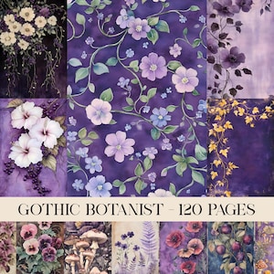 May include: A collection of botanical illustrations with a gothic theme. The images feature purple and white flowers, vines, and other floral elements on a dark purple background. The text "GOTHIC BOTANIST - 120 PAGES" is displayed at the bottom.