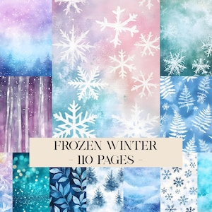 May include: A collection of winter-themed digital papers with watercolor backgrounds in shades of blue, purple, and pink. White snowflakes and winter foliage are featured throughout the designs. The text "FROZEN WINTER - 110 PAGES -" is displayed on a beige banner.