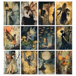 May include: A collection of twelve watercolor paintings depicting fairies in various settings. The fairies have detailed wings and are shown in different poses, with varying color palettes including blues, oranges, and golds. The art style is whimsical and detailed.