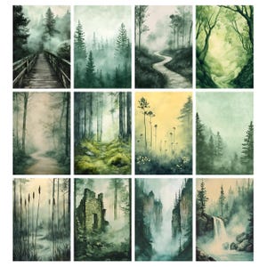 May include: A collection of twelve watercolor landscape prints. Each print depicts a misty forest scene with varying elements such as bridges, winding paths, waterfalls, and old stone structures. The color palette is dominated by greens, blues, and earthy tones.