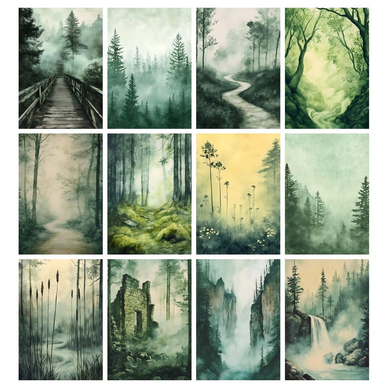 May include: A collection of twelve watercolor landscape prints. Each print depicts a misty forest scene with varying elements such as bridges, winding paths, waterfalls, and old stone structures. The color palette is dominated by greens, blues, and earthy tones.