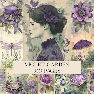Könnte beinhalten: Eine Collage mit Illustrationen in Violetttönen, darunter ein Frauenprofil, ein Hut und eine Libelle. Der Text "VIOLET GARDEN - 100 PAGES" ist zu sehen. Das Kunstwerk hat einen Vintage-Aquarellstil.