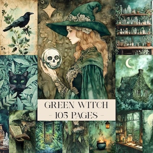 May include: Digital art collage featuring a green-clad witch holding a skull, surrounded by mystical imagery. Includes a black cat, raven, and a cottage. The text reads "GREEN WITCH - 105 PAGES".