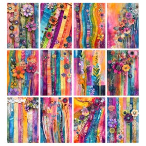 May include: A collection of twelve vibrant, colorful art prints. Each print features vertical stripes in shades of orange, pink, purple, blue, and yellow, adorned with floral embellishments. The artwork has a textured, mixed-media appearance.