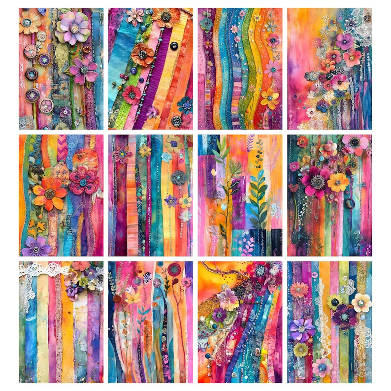 May include: A collection of twelve vibrant, colorful art prints. Each print features vertical stripes in shades of orange, pink, purple, blue, and yellow, adorned with floral embellishments. The artwork has a textured, mixed-media appearance.