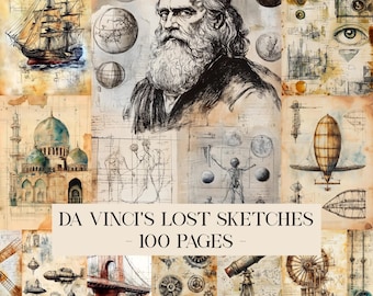 Da Vinci's Lost Sketches Hintergründe, Junk Journal Seiten, Digitales Scrapbook Papier, Antique Printable, Altes Collage Sheet, Vintage Ephemera