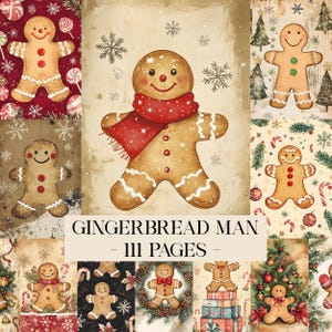 May include: A collage of gingerbread man illustrations with a festive theme. The central image features a gingerbread man wearing a red scarf. The text "GINGERBREAD MAN - 111 PAGES" is displayed at the bottom. Other images include gingerbread men with various decorations.