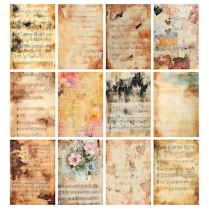 May include: A collection of twelve vintage-style paper sheets. Each sheet features musical notation and aged textures with brown, beige, and black tones. Some sheets include watercolor accents and floral elements, creating a nostalgic aesthetic.