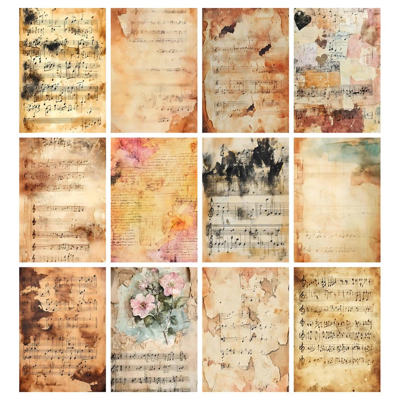 May include: A collection of twelve vintage-style paper sheets. Each sheet features musical notation and aged textures with brown, beige, and black tones. Some sheets include watercolor accents and floral elements, creating a nostalgic aesthetic.