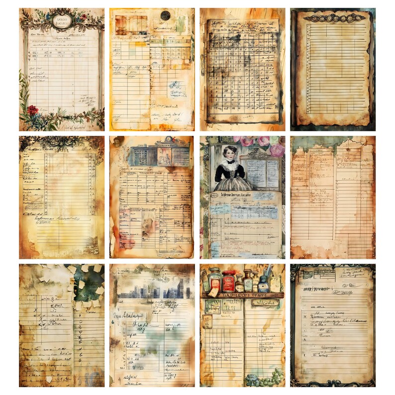 Vintage Ledger Pages, Printable Antique Junk Journal Pages, Digital ...