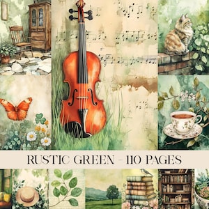 Rustic Green Pages, Digital Paper, Cottagecore, Junk Journal, Scrapbook Paper, Botanical Pages, Nature Pages, Leaves, Greenery, Green Living