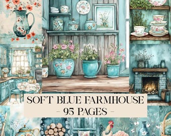 Soft Blue Farmhouse Junk Journal Pages, Country Life Pages, Cottage Junk Journal Kit, Country House Ephemera, Cottagecore Scrapbook Papers