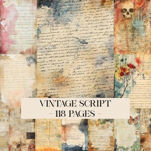 Peut inclure: Un collage de pages de script vintage avec du texte manuscrit, des lavis d'aquarelle et des illustrations. Le texte "VINTAGE SCRIPT - 118 PAGES" est affiché sur une bannière beige. Les pages présentent un crâne, une main et des éléments floraux.